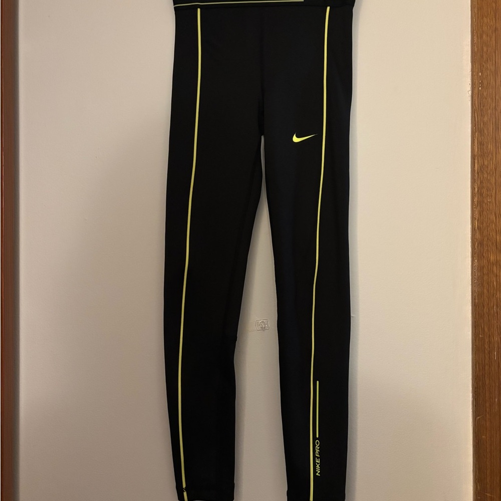 Nike Girls’ Black Leggings with Neon Yellow Stripes